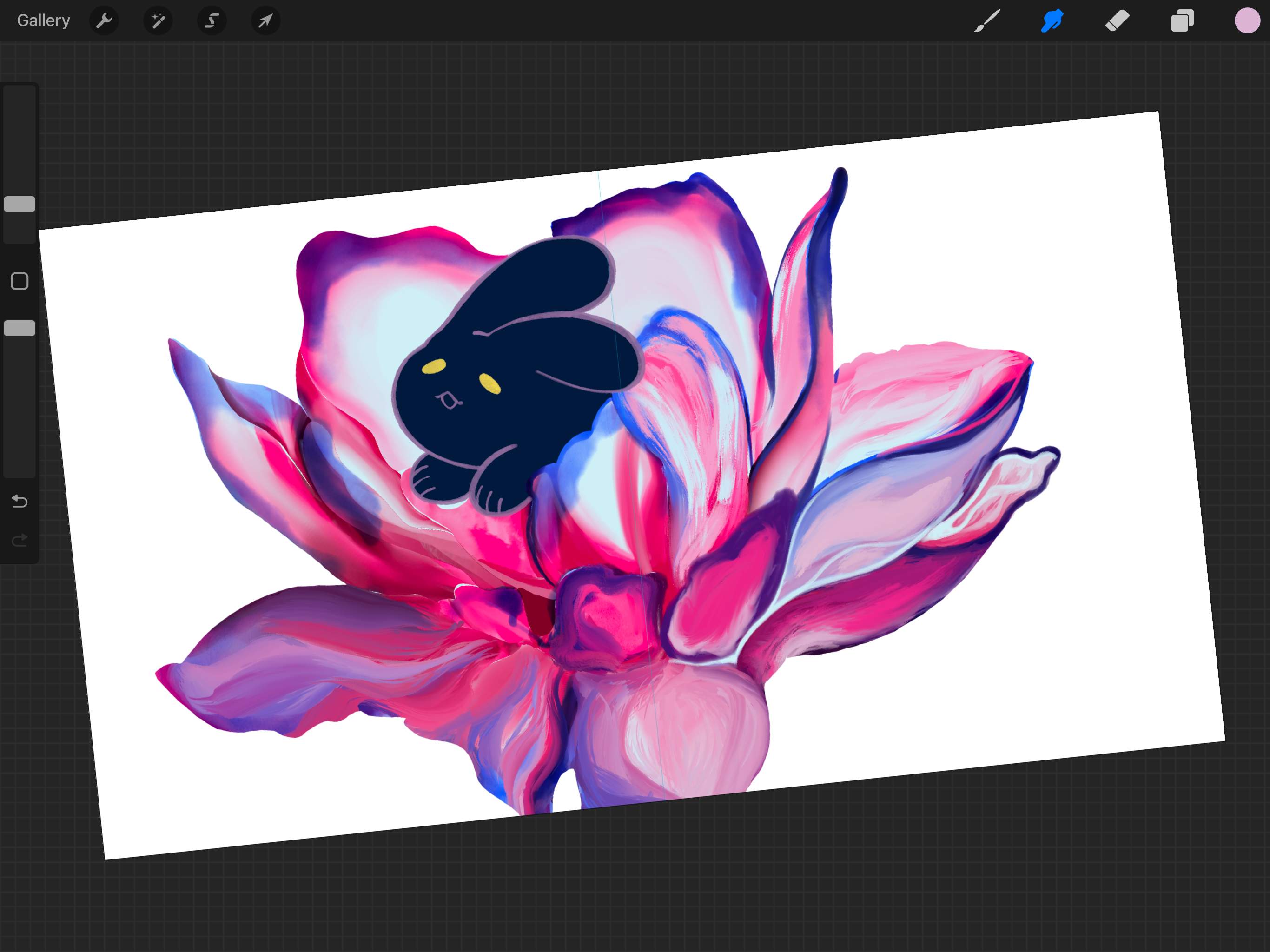 A small dark bunny illustration resting inside a painted magenta and violet flower